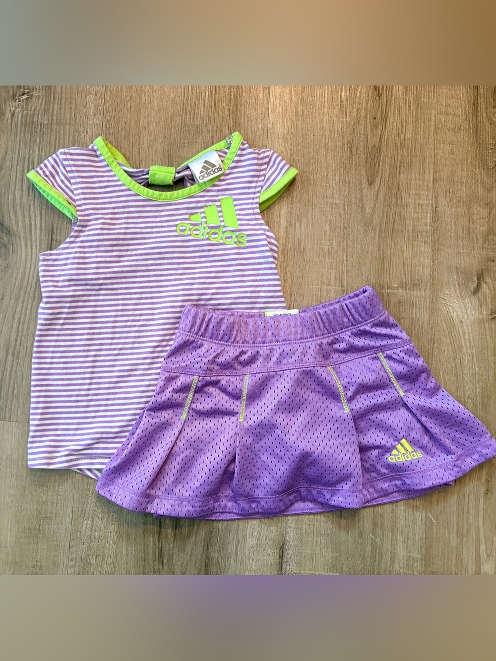 🍃3/$30 adidas Purple & Lime Striped Active Tee and Skort Set